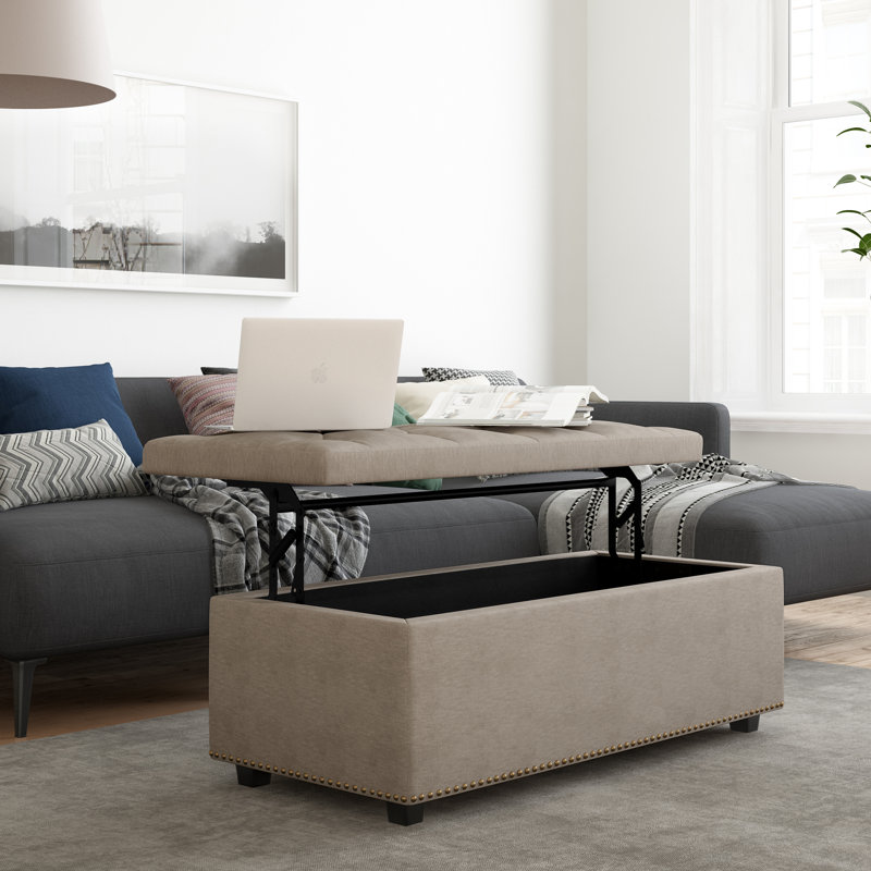 Hamilton 44"W Upholstered Lift-Top Storage Ottoman with Nailhead Trim and Tufted Detailing, Natural Linen Blend