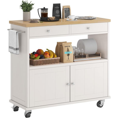 Rolling Kitchen Island With Storage Cabinet, 2 Drawers, Wood Top, Lockable Wheels, And Towel Rack, Portable Mobile Kitchen Cart