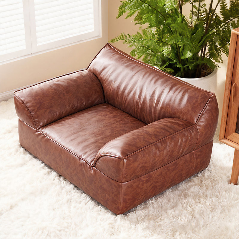  Kids Bean Bag Chair with Brown Leather-Style Cover, Portable Soft Floor Seat for Children's Playroom and Bedroom