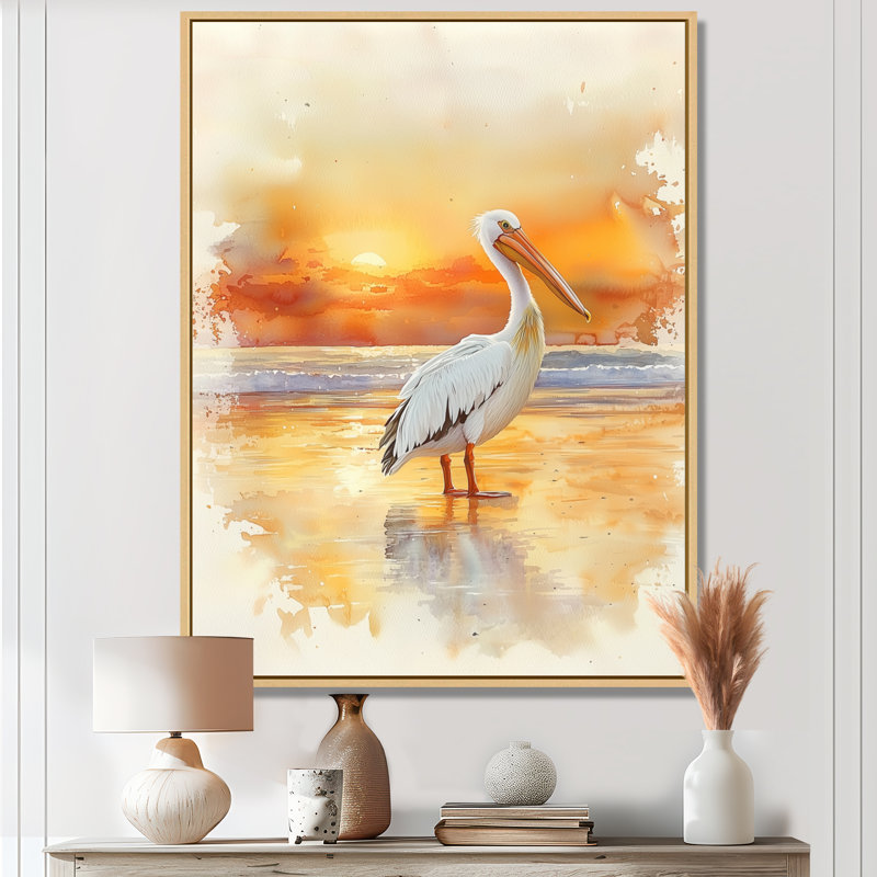 Décoration murale Avangelia Pelican At Dusk - Heron, H 40 po x l 30 po, Impression encadrée flottante, Crème, crème