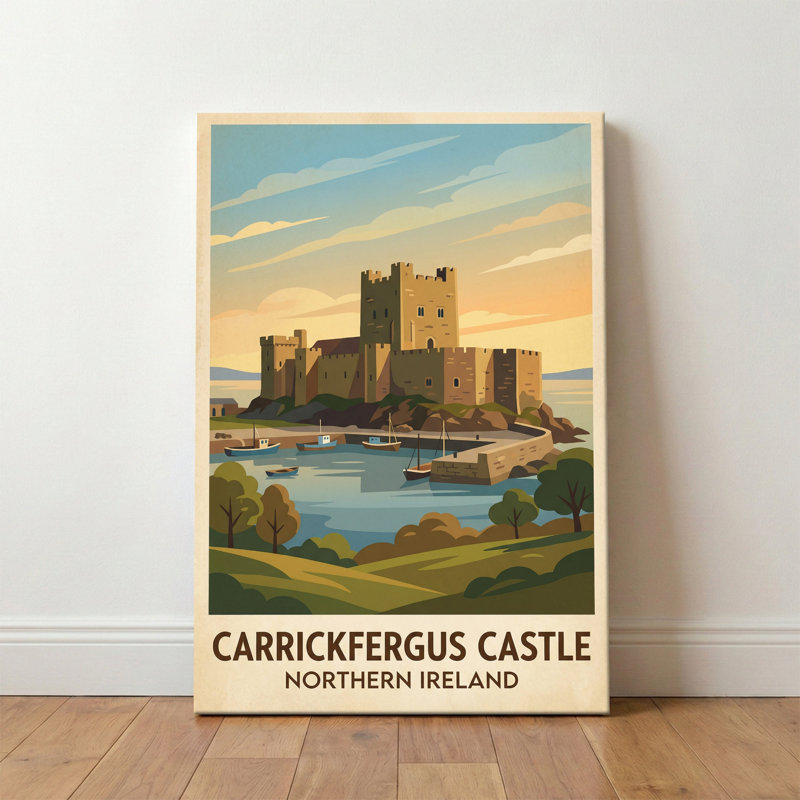 Carrickfergus Castle, Northern Ireland - Romantic Coastal Castle Travel Poster. Giclee Print On Wrapped Canvas. Wall Art, Home Decor - Castles & Palaces, Northern Ireland - Wrapped Canvas Print