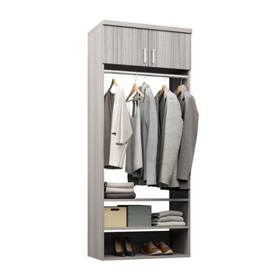 Grey Oak 25.5" Wall-Mounted Closet Section with Slab Doors, 1 Clothing Rod & 3 Shelves