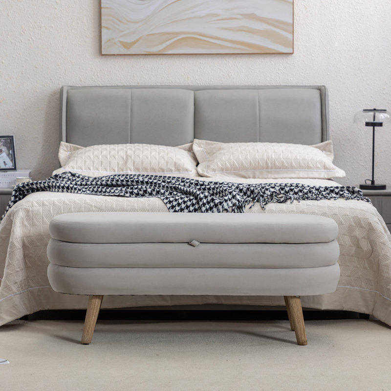 Banc de rangement avec pieds en bois pour chambre à coucher, Gris clair