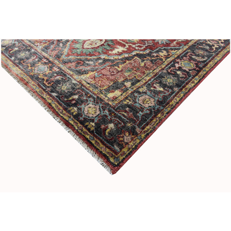 Hand-Knotted High-Quality Charcoal and Red Area Rug, Rectangle 2'7" x 4'3"