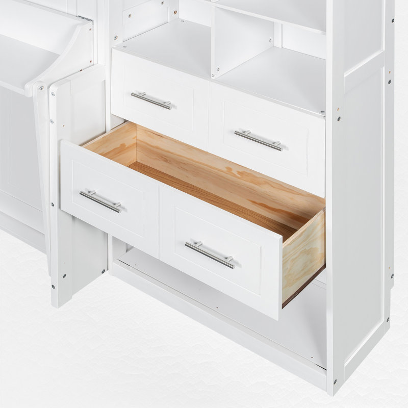 Lit escamotable double avec garde-robe, tiroirs et tablettes