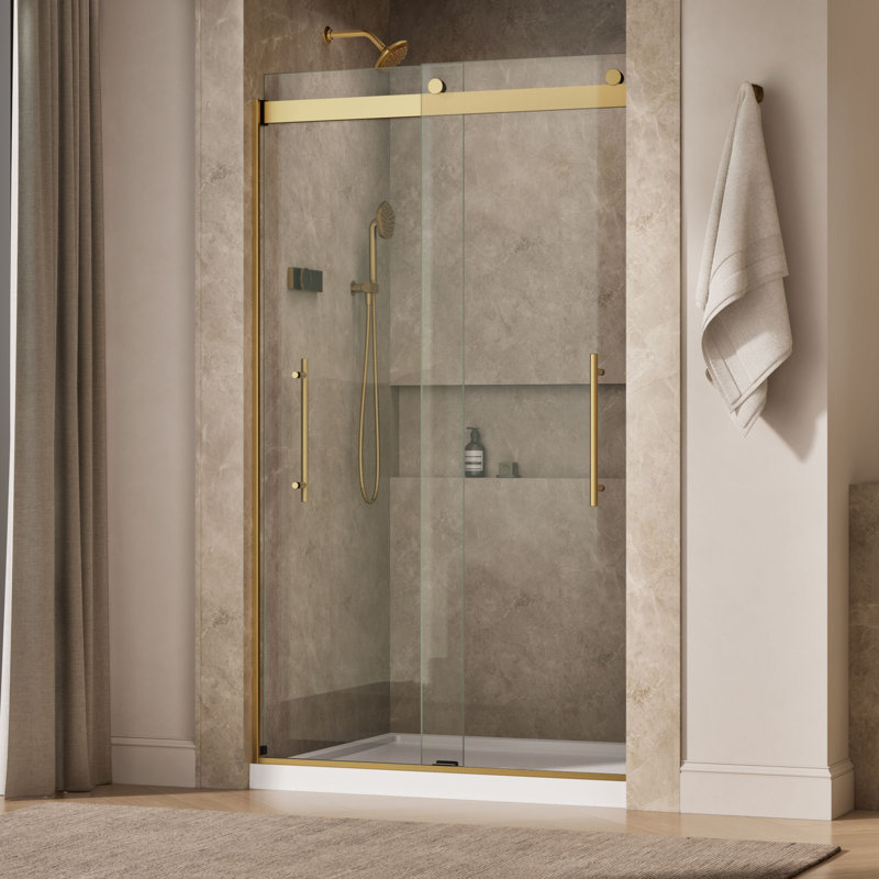Levity Plus Less Sliding Shower Door, 81-5/8 In. H X 44-5/8 - 47-5/8 In. W, With 3/8 In.-Thick Crystal Clear Glass, Bronze