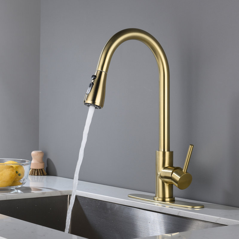Single Handle Kitchen Sink Faucet In Brushed Gold With Pull Down , Stainless Steel Material, 360 Rotating High - Arc Nozzle, Lever For Water Temperature And Flow Control, Corrosion Surface, Aerators