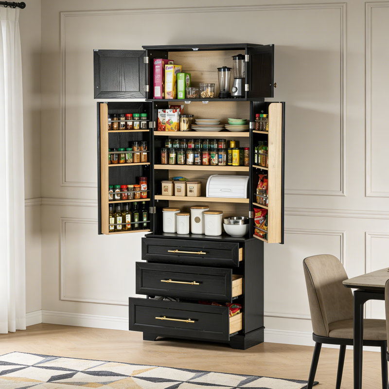 Grand garde-manger avec tablettes réglables et tiroirs, Noir mat