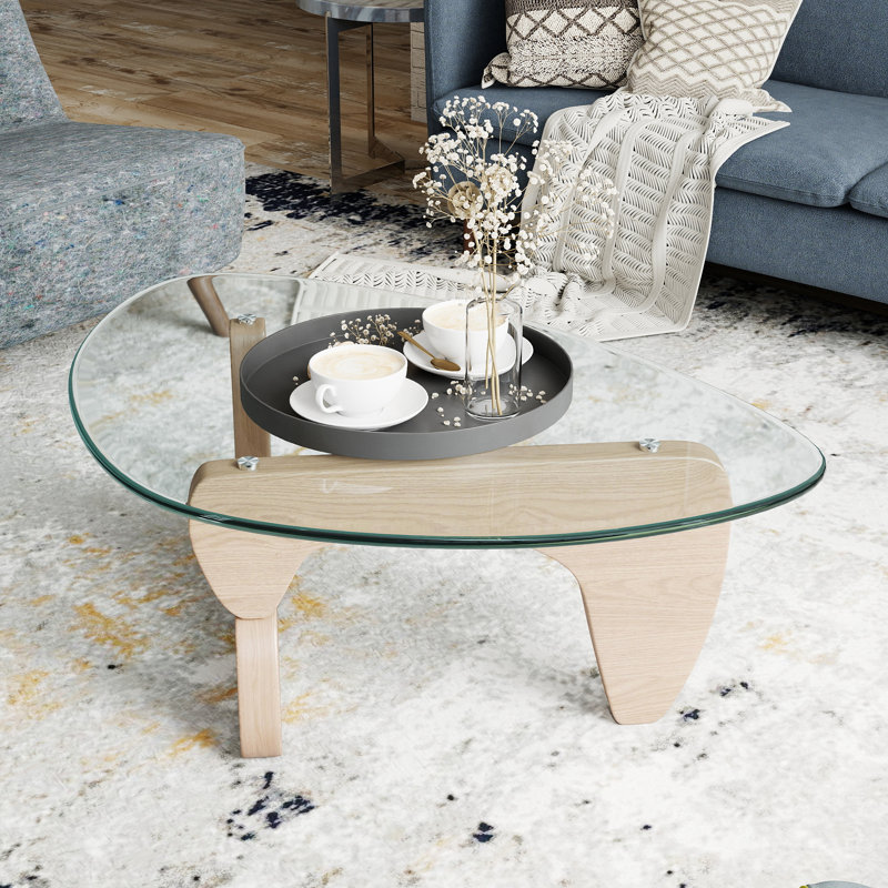 Modern Triangular Coffee Table With Wood Base For Living Room, Natural Wood, 15.74" H x 43.3" L x 29.52" W, Clear