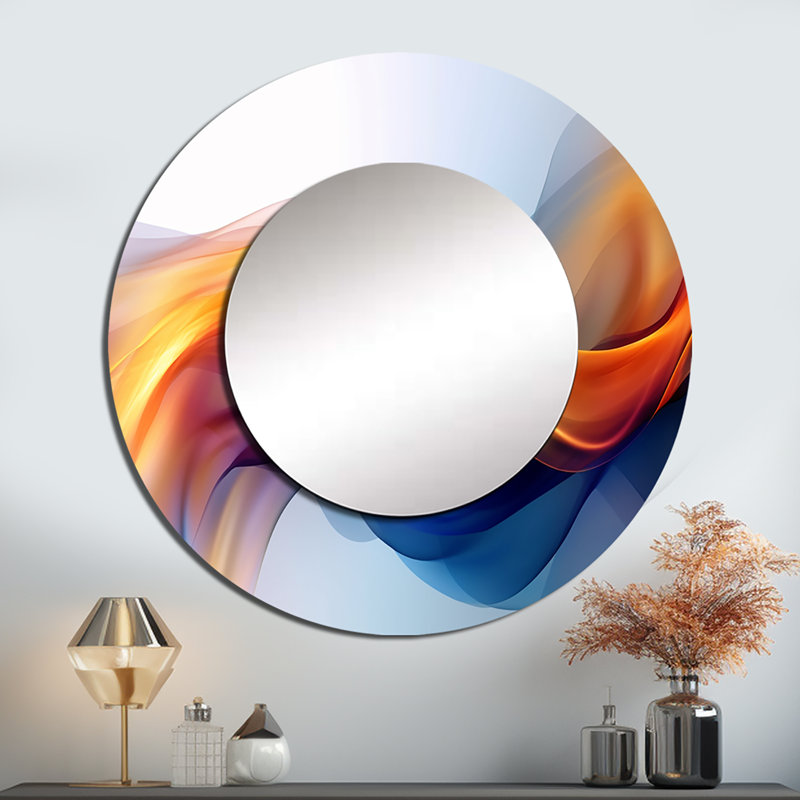 Orange bleu fractal fracture I - miroir de fractales, miroir mural rond unique moderne, art imprimé en métal, 23 po x 23 po