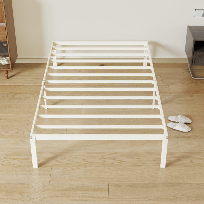 Base de lit plateforme en métal 14 po avec espace de rangement, Lit simple, Beige, 14"