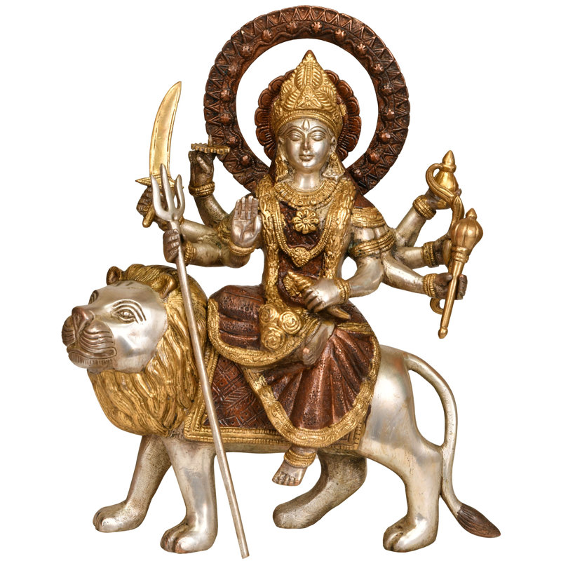 12" Handcrafted Brass Ashtabhuja Durga Statue on Lion Mount - Eight-Armed Hindu Goddess Sculpture, Spiritual Warrior Home Decor, Temple Centerpiece