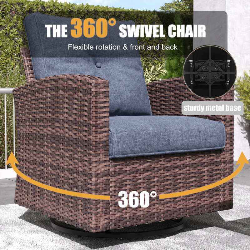 Lark Manor™ 10 Pieces Patio Furniture Set with Swivel Chairs, Rattan Wicker Rocking Glide Chairs with 44" Propane Gas Fire Pit Table Conversation Set