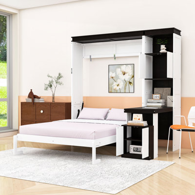 Wood Murphy Bed with Desk, Cabinets and Shelves