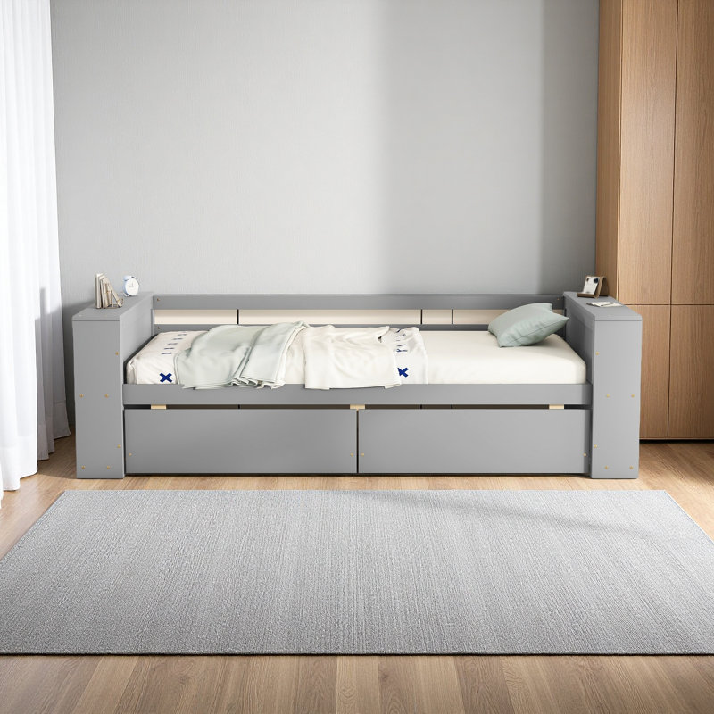 Lit de jour simple avec tablettes et tiroirs, Gris
