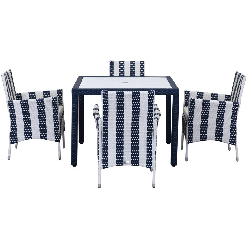Ensemble repas 5 pièces avec coussins Thorntown, Marine / Blanc