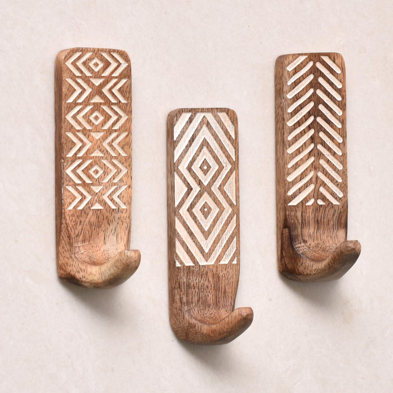 Crochets muraux décoratifs en bois pour manteaux Boho - 3 crochets 6 bandes