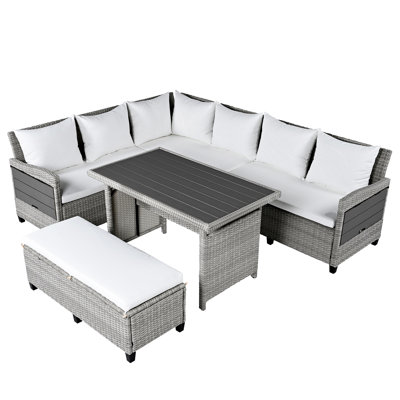 Ensemble de canapé de patio extérieur en rotin 5 pièces, ensemble de mobilier de jardin en forme de L en osier modulaire avec 2 tables d'appoint extensibles, table de salle à manger et housses lavables pour la cour, la piscine, l'intérieur, blanc