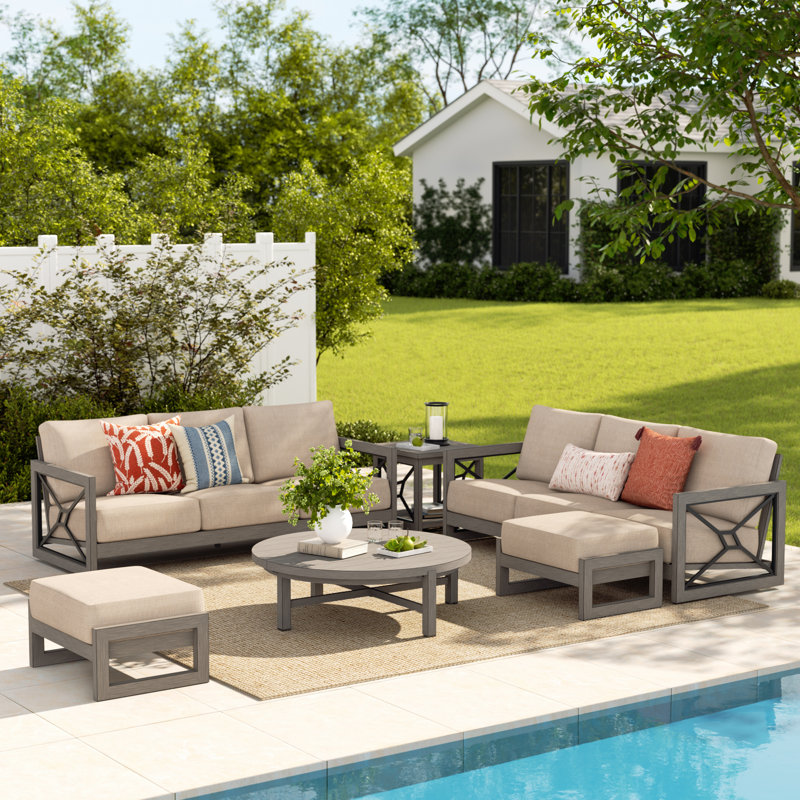 Marindo Patio 6 Pcs Convertibale  Aluminum Conversation Set With Sectional Sofas, Sunbrella® Cushions And Ottomans