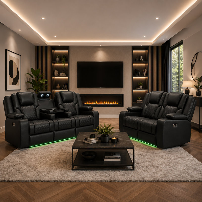 205 cm Wide Leather Glider Home Theatre Recliner, Black Polyurethane/Leather