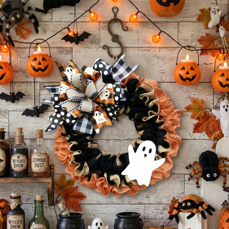 Couronne de campagne fantôme 15,7 pouces en toile de jute avec nœud BOO écossais, décoration murale d'Halloween porte d'entrée rustique