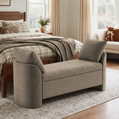 Banc de rangement moderne rembourré de 148 cm de large avec coussins, banc de chambre en chenille aux côtés incurvés pour chambre, entrée ou salon