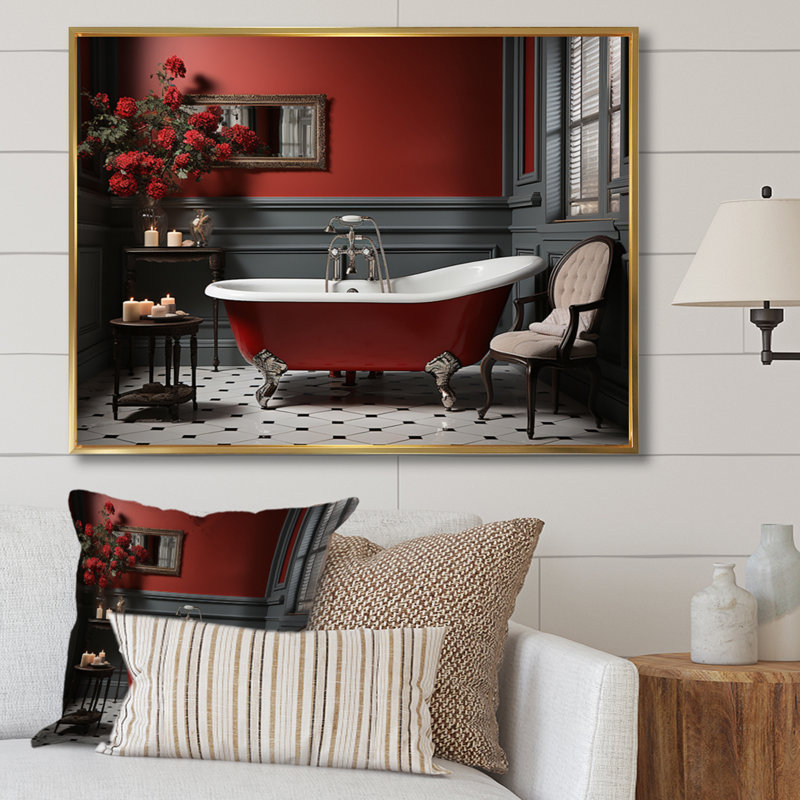 Rouge moderne, charme de salle de bain III - imprimé, H 34 po x l 44 po x P 1,5 po, Cadre flottant doré