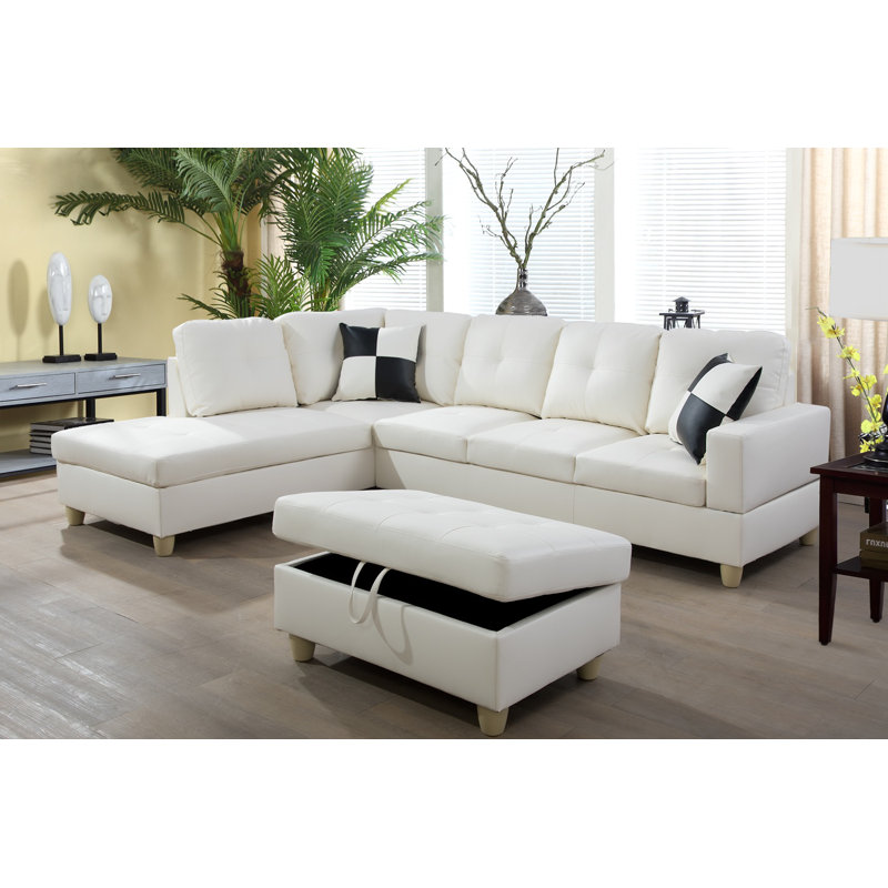 Brevard Faux Leather L-Shaped Sectional, Left Hand Facing, White