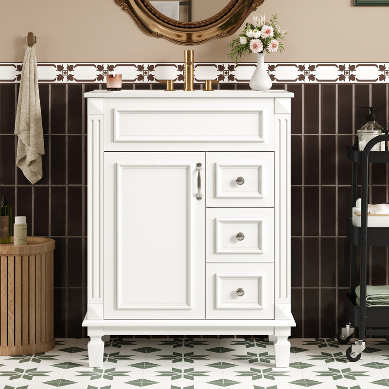 Meuble-lavabo 24 po avec lavabo en céramique, 2 tiroirs et tablette réglable, White
