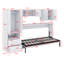 Lit escamotable avec tablettes ouvertes et tiroirs de rangement, armoire encastrée et table