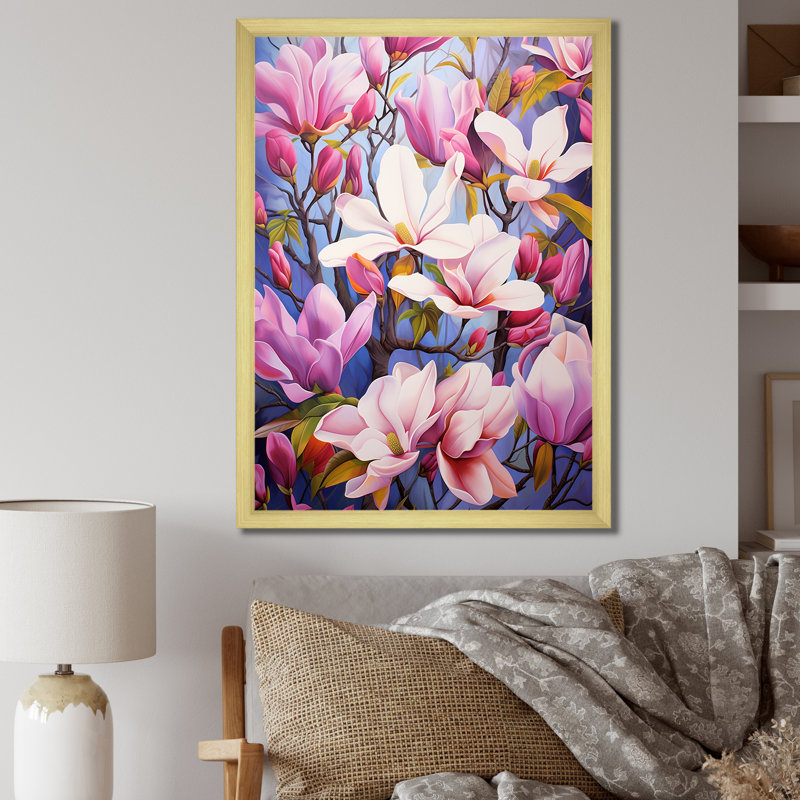 «Pink White Magnolias Magnolia Symphony II» sur toile, H 44 po x l 34 po x P 1,5 po, Encadrement doré
