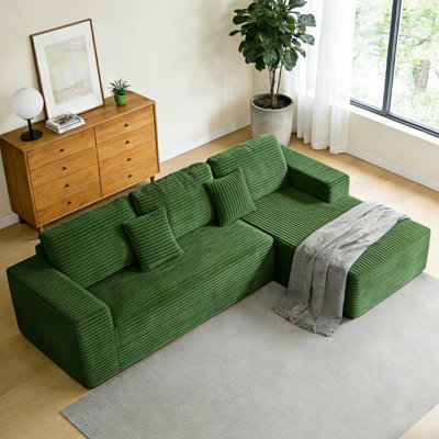 Boneless 110" W Green Corduroy Upholstered Modular Sectional Sofa with 5 Pillows, 2-Piece Convertible Sleeper, No Assembly Required
