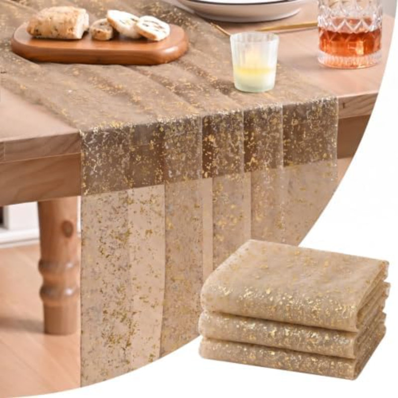 3PCCoffee Gold Gauze Table Runner 120 Inch 10FT, Glitter Metallic Foil Sheer Dining Wedding Anniversary Holiday Birthday Table Decor for Home Party
