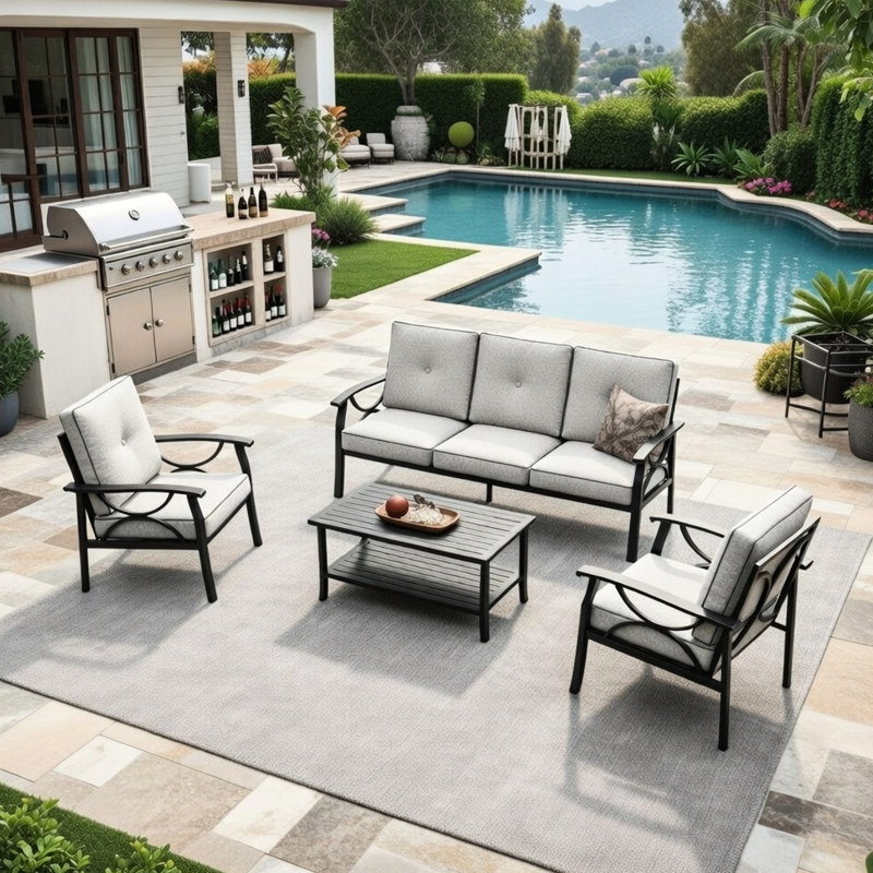 Ensemble de meubles de patio en métal 4 pièces, canapé de conversation toutes saisons à 5 places avec coussins gris épais de 4 pouces, structure noire, table basse pour jardin dans la cour arrière