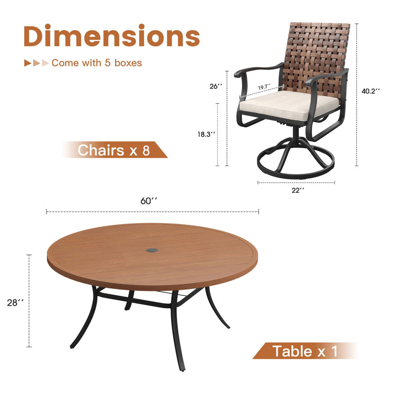 Ensemble repas pour 8 personnes avec table de salle à manger 60 po et 8 chaises et coussins pivotants en rotin de polyéthylène
