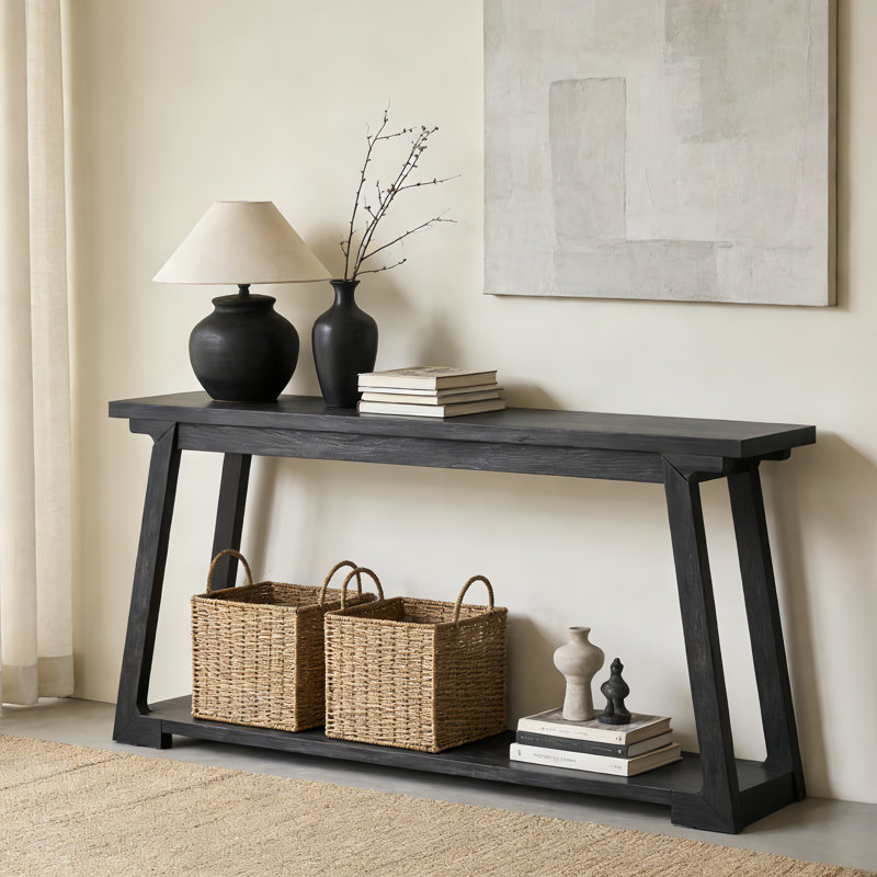 63-Inch Long Solid Wood Console Table, 2-Tier Narrow Sofa Table For Living Room, Entryway, Black