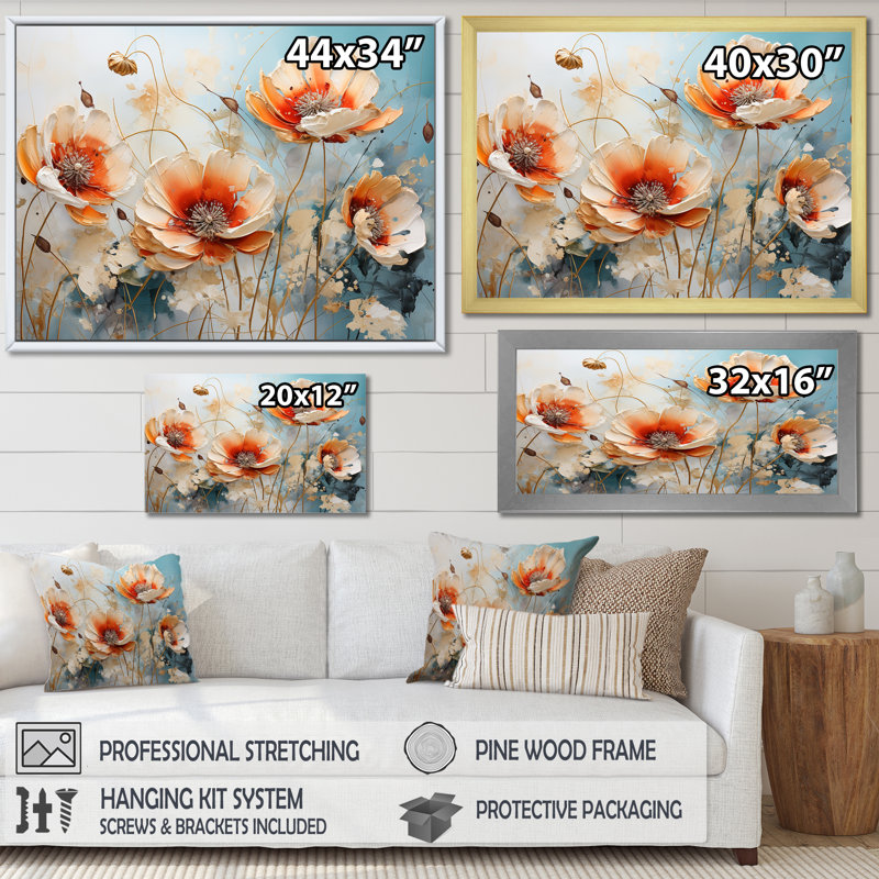 Peach Poppies Farmhouse Country Charm, Cadre naturel flottant, H 30 po x l 40 po x P 1,5 po