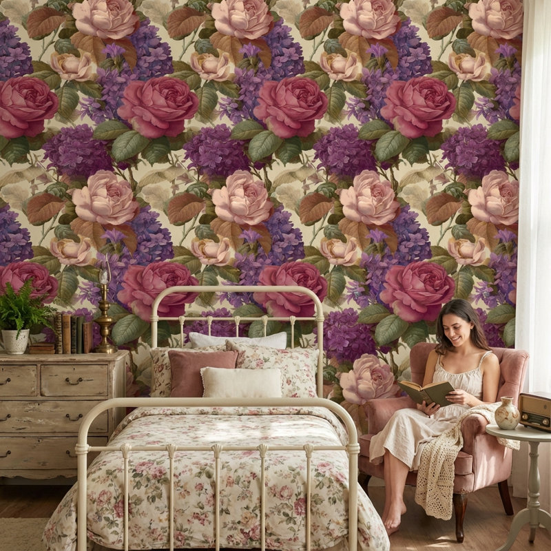 Papier peint floral, botanique, décoration murale rétro