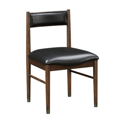2 chaises de salle à manger rembourrées en cuir noir, style transitionnel, assise en bois au fini cerisier, structure