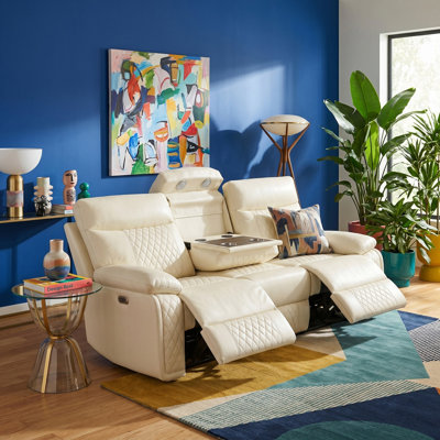 Arvella White Vegan Leather   Reclining  Sofa With Cup-Holders ,Wireless Charging And LED Lights