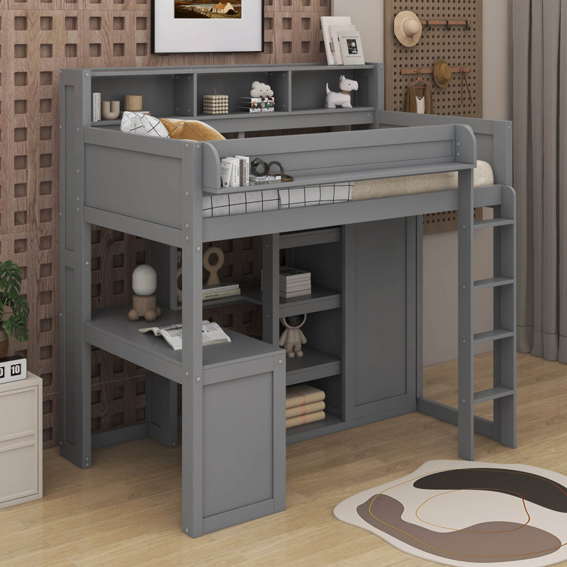 Lit mezzanine simple avec tablettes et garde-robe, Gris