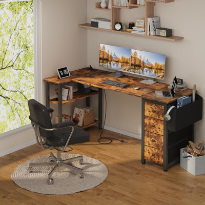 Cheshire Built-in Outlets L-Shaped Computer Desk with Drawers & Storage Shelves