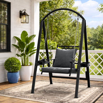 1 Person Porch Swing With Heavy-duty Metal Frame, Dual Side Trays And Adjustable Chains