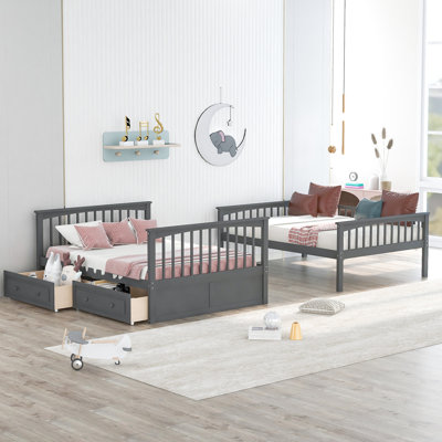 Full Over Gray Bunk Bed With Storage Function, Solid Wood Frame Drawers - Steady Convertible Bedroom