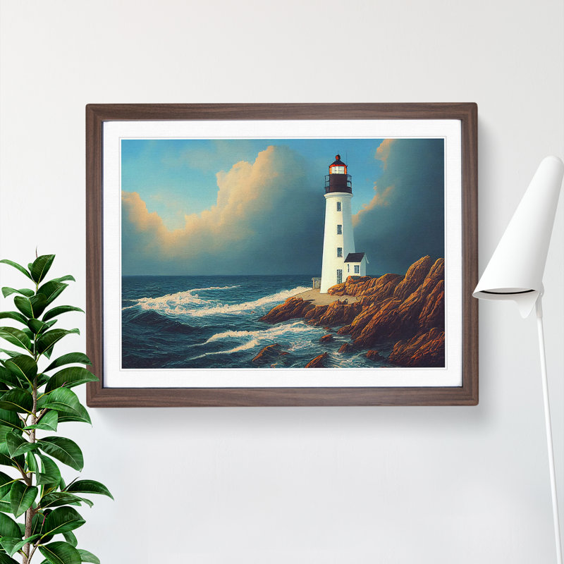Unbeatable Lighthouse Seascape - Framed Print, 34cm H x 46cm W x 2cm D, Walnut Framed