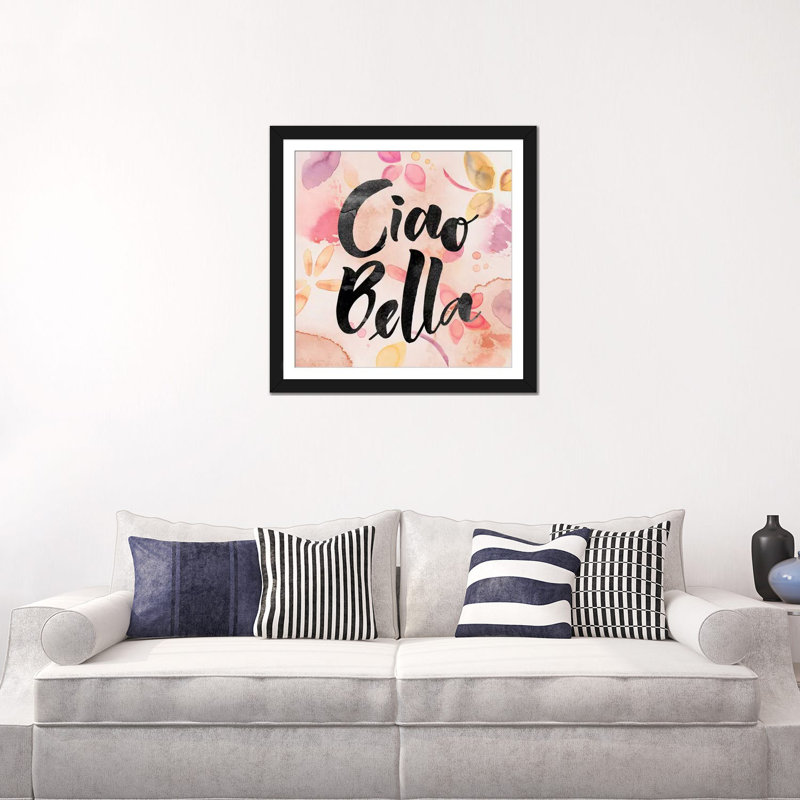 «Ciao Bella», art textuel sur toile, H 16 po x l 16 po x P 1 po, Papier d'art encadré noir, Blanc