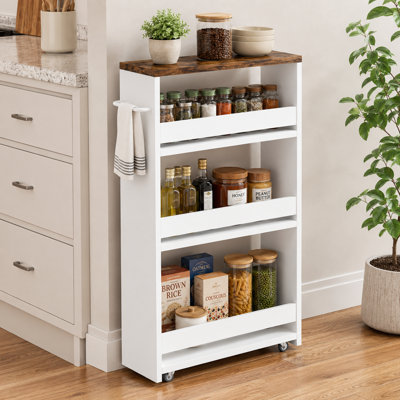 White 4-Tier Slim Rolling Utility Cart with Handle, Slide-Out Shelving Trolley for Narrow Kitchen, Laundry, or Small-Space Storage