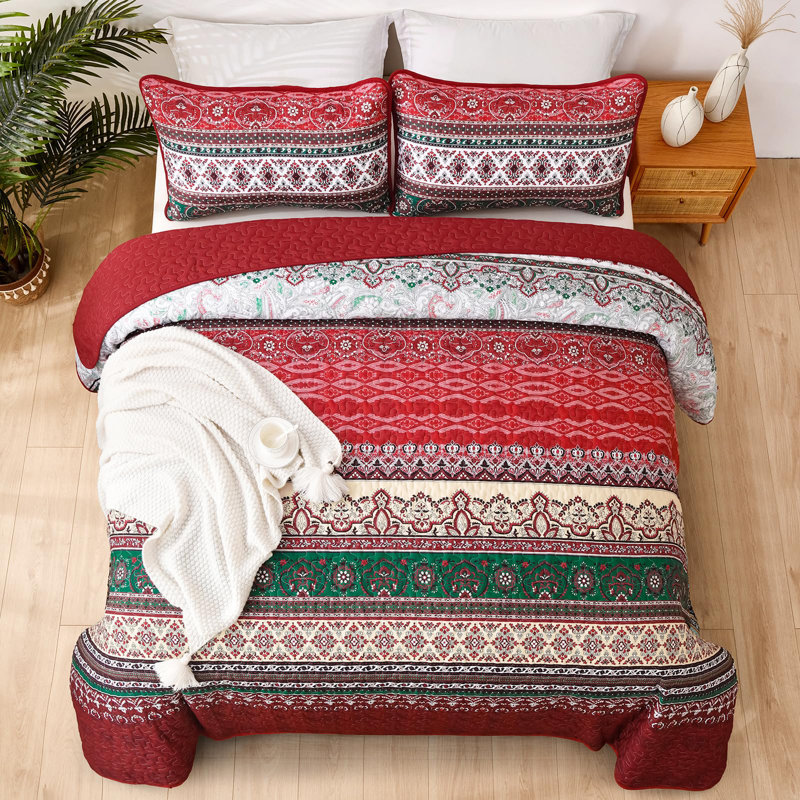 Ensemble de 3 courtepointe Boho Bohemian, Courtepointe pour lit grand + deux taies décorati, Rouge
