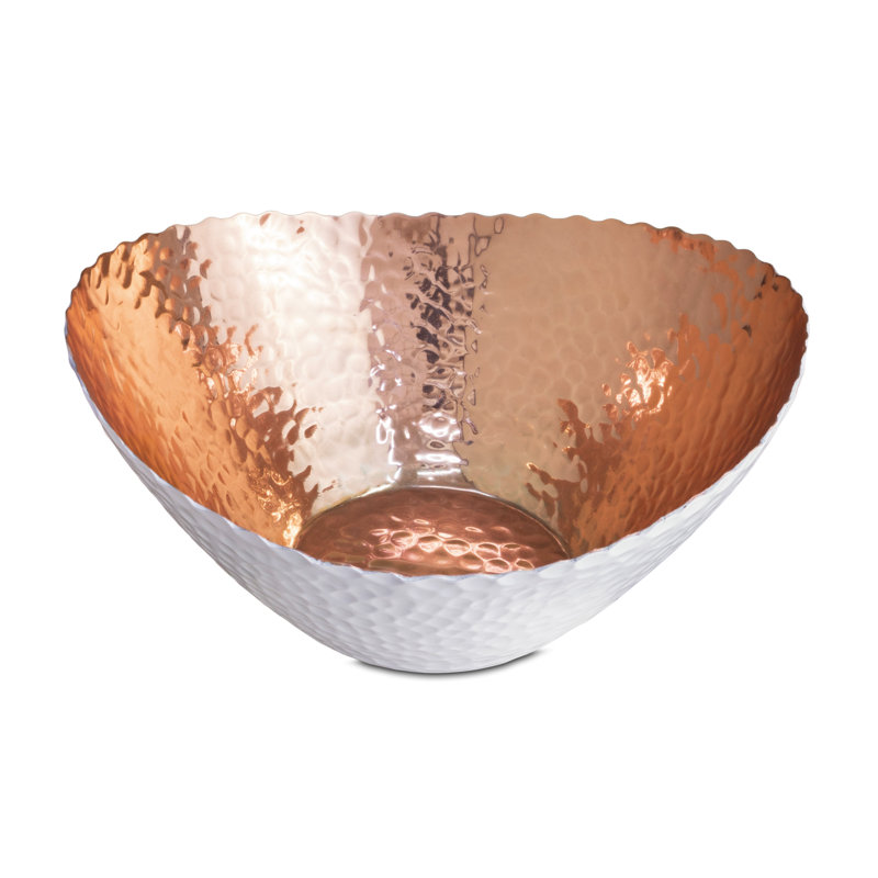 Hand Hammered White and Copper Aluminum Oval Bowl, 7.5 inch