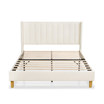 Structure de lit double tapissier à oreilles avec tête de lit capitonnée verticale, sans sommier tapissier, crème
